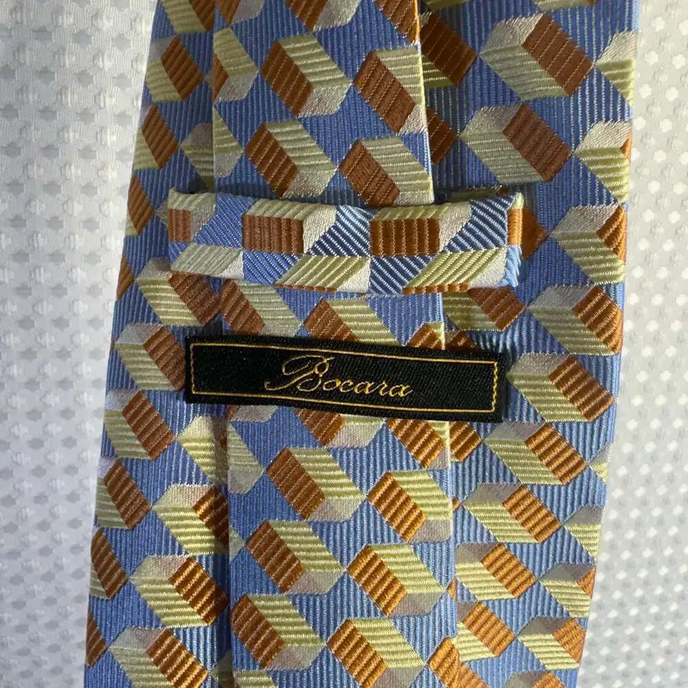 Bocara 100% Silk Handmade Geometric Squares Men's Necktie - Orange and Navy Blue